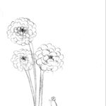 dessin manuel au criterium, fleurs géantes et petit personnage en dévotion