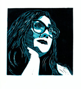 linogravure en bichromie, portrait de Sophie Jomain